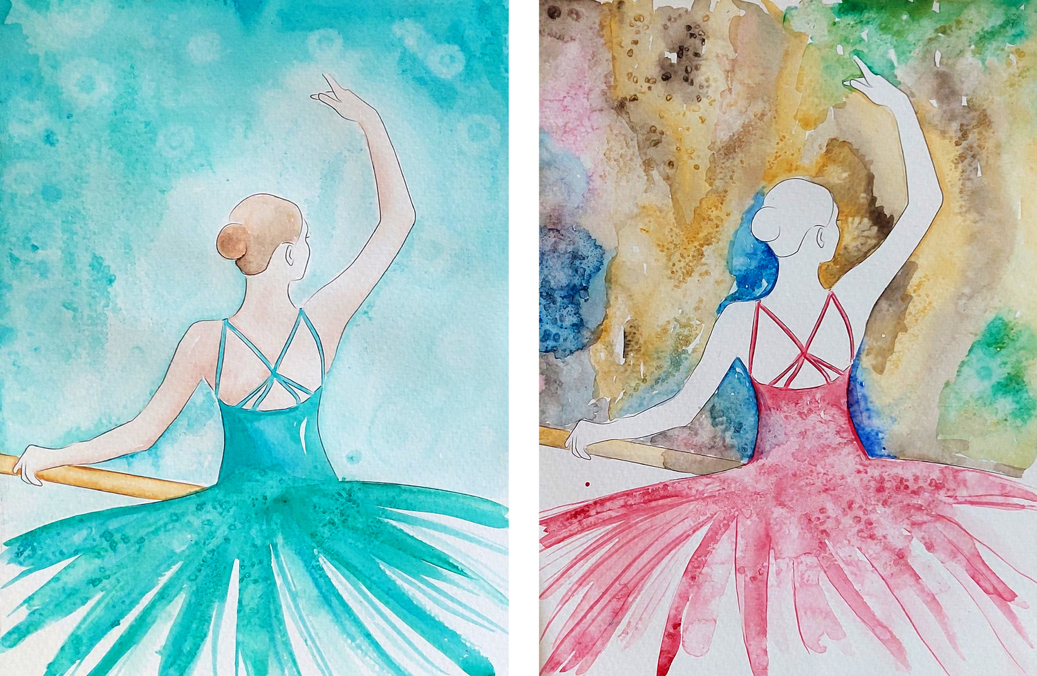 Aquarelvoorbeeld van een ballerina. Deze leer je tijdens de workshop 'experimenteren met aquarelverf' maken.