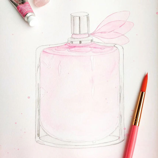 Illustratie van een parfumflesje. Gemaakt met aquarelverf. Gemaakt met aquarelverf.